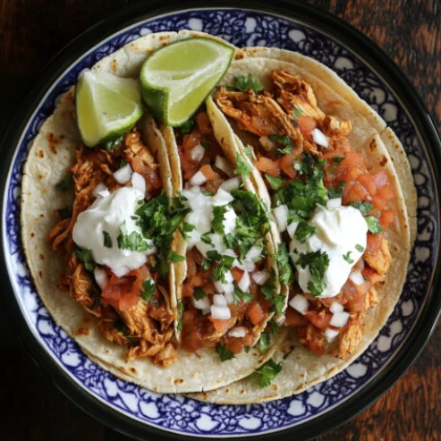 Three chicken tacos with pico de gallo, sour cream, cilantro and lime wedges on a blue patterned plate