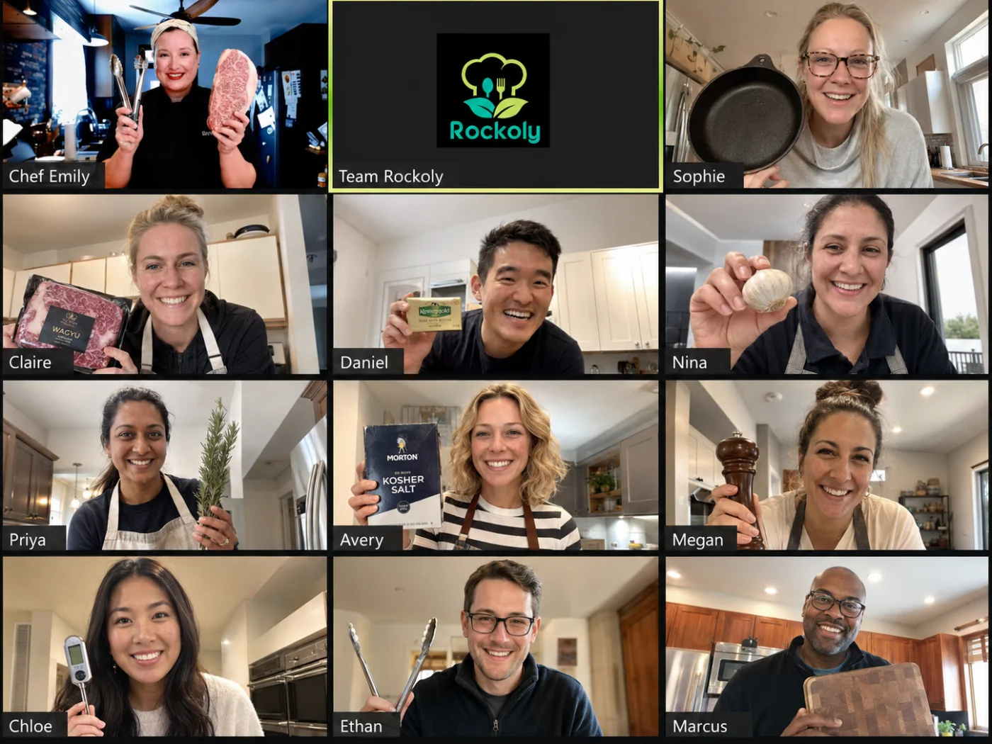 Video call grid of twelve people cooking at home, holding wagyu steak, garlic and rosemary, with Chef Emily
