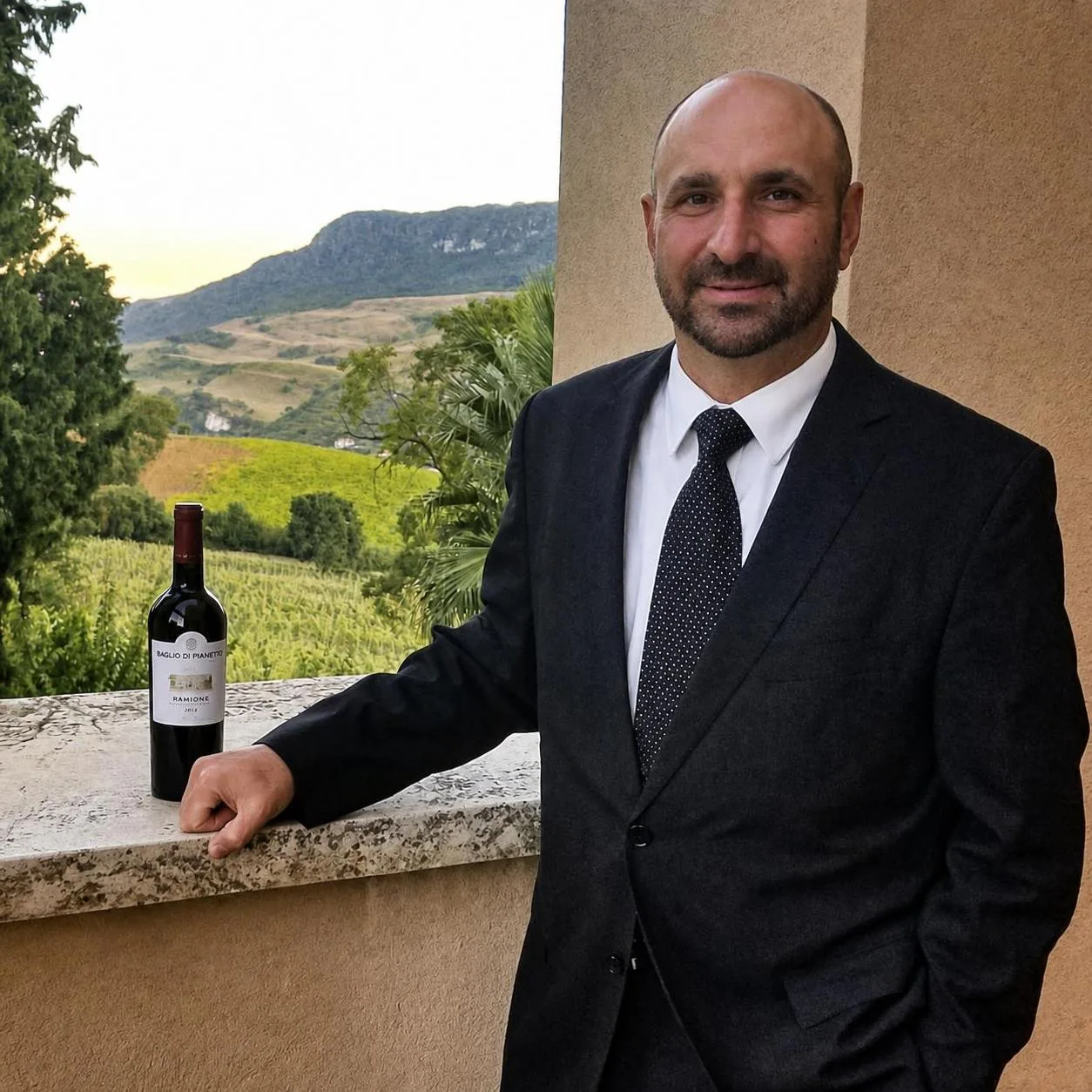 Sommelier Domenic Mantella in a dark suit holding a bottle of red wine before a vineyard view