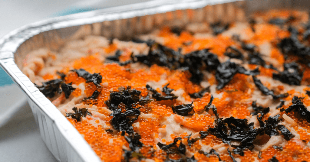 Sushi bake in a foil tin